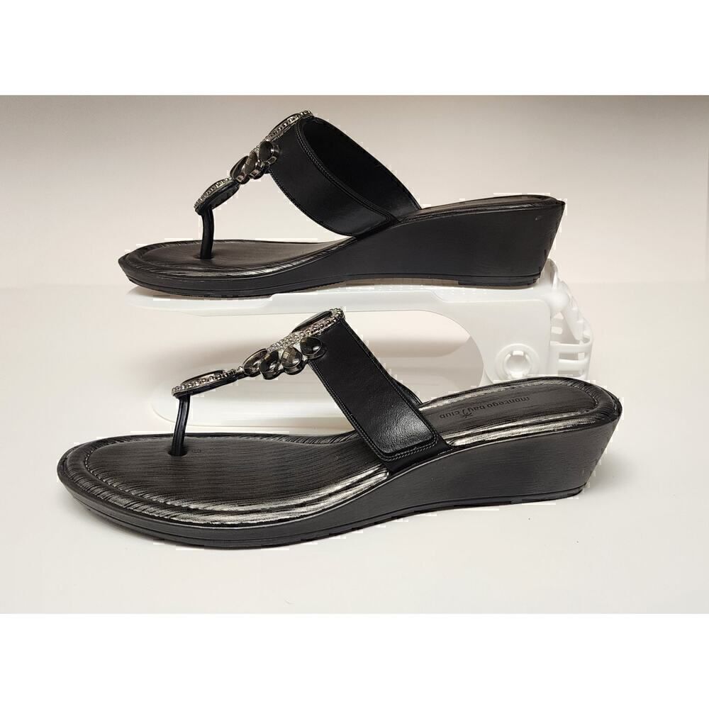 Montego Bay Club T Strap Black Heel Wedge Sandals Shoes Size US 7